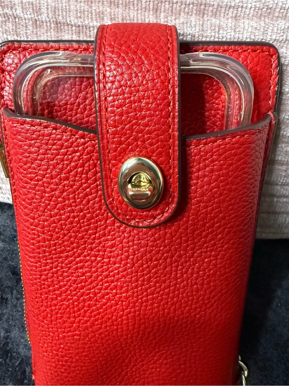 Red Pebbled Leather Phone Crossbody with Gold Chain strap - Picture 8 of 8